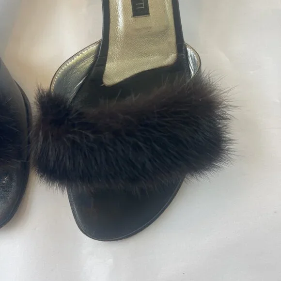 Giuseppe Zanotti Black Leather Kitten Heel Slides With Mink Fur - Picture 4 of 11